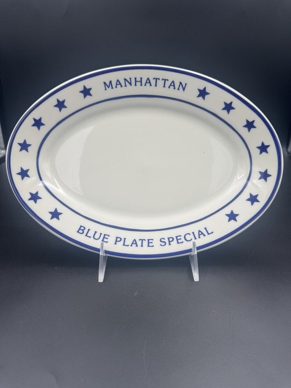 Homer Laughlin Manhattan Blue Plate Special Oval Platter 11 5/8” Stars USA 2000